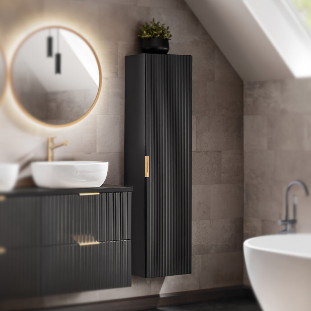 Hoher Badezimmer-Hängeschrank ADEN – Schwarz – gefräste Fronten – 35 x 140 x 25 cm – Bild 2