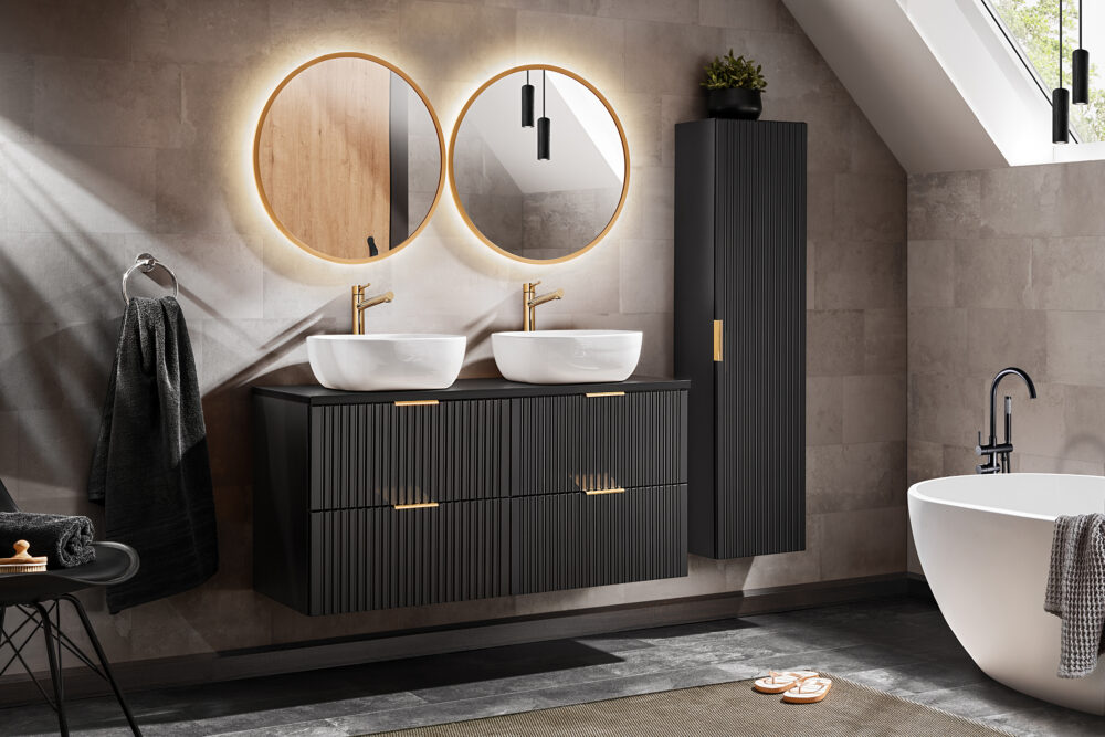 Hoher Badezimmer-Hängeschrank ADEN – Schwarz – gefräste Fronten – 35 x 140 x 25 cm – Bild 5