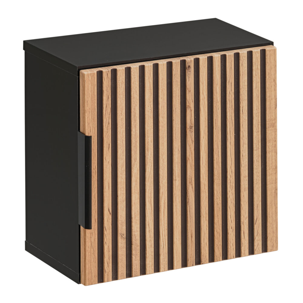 Quadratischer Badezimmer-Hängeschrank TILO – schwarzer Korpus – gefräste Fronten in Wotan-Eiche – 35 x 35 x 22 cm