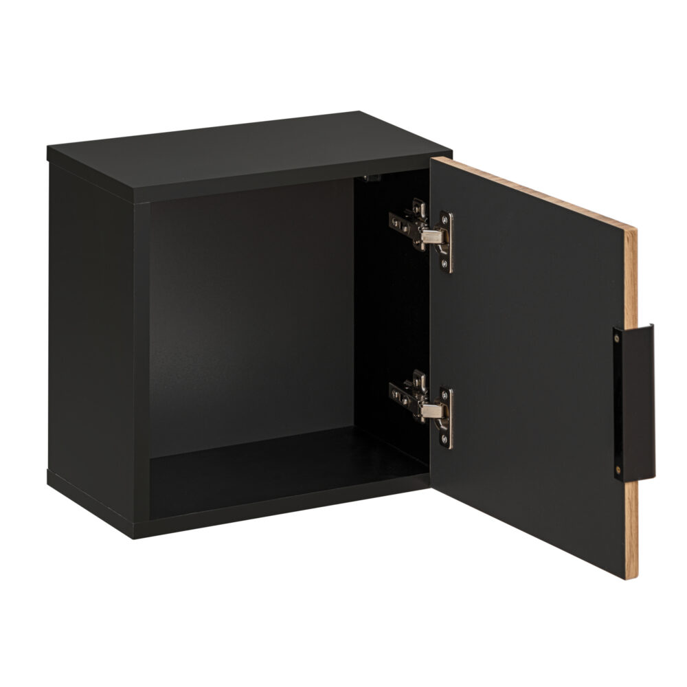 Quadratischer Badezimmer-Hängeschrank TILO – schwarzer Korpus – gefräste Fronten in Wotan-Eiche – 35 x 35 x 22 cm – Bild 3