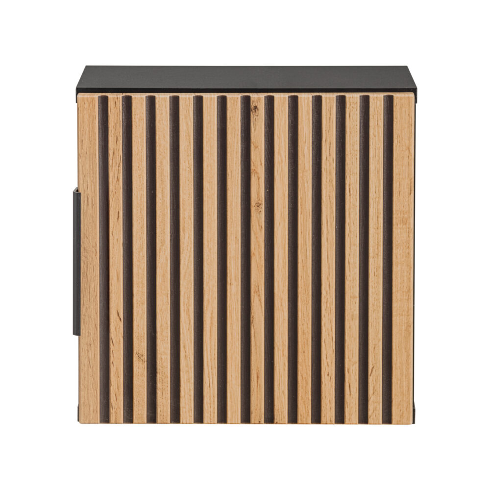 Quadratischer Badezimmer-Hängeschrank TILO – schwarzer Korpus – gefräste Fronten in Wotan-Eiche – 35 x 35 x 22 cm – Bild 5