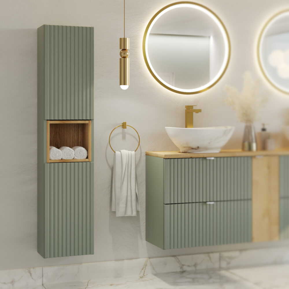 Hoher Badezimmer-Hängeschrank NALVIK – Grün – 2 Türen – gefräste Fronten – 30 x 140 x 25 cm – Bild 2