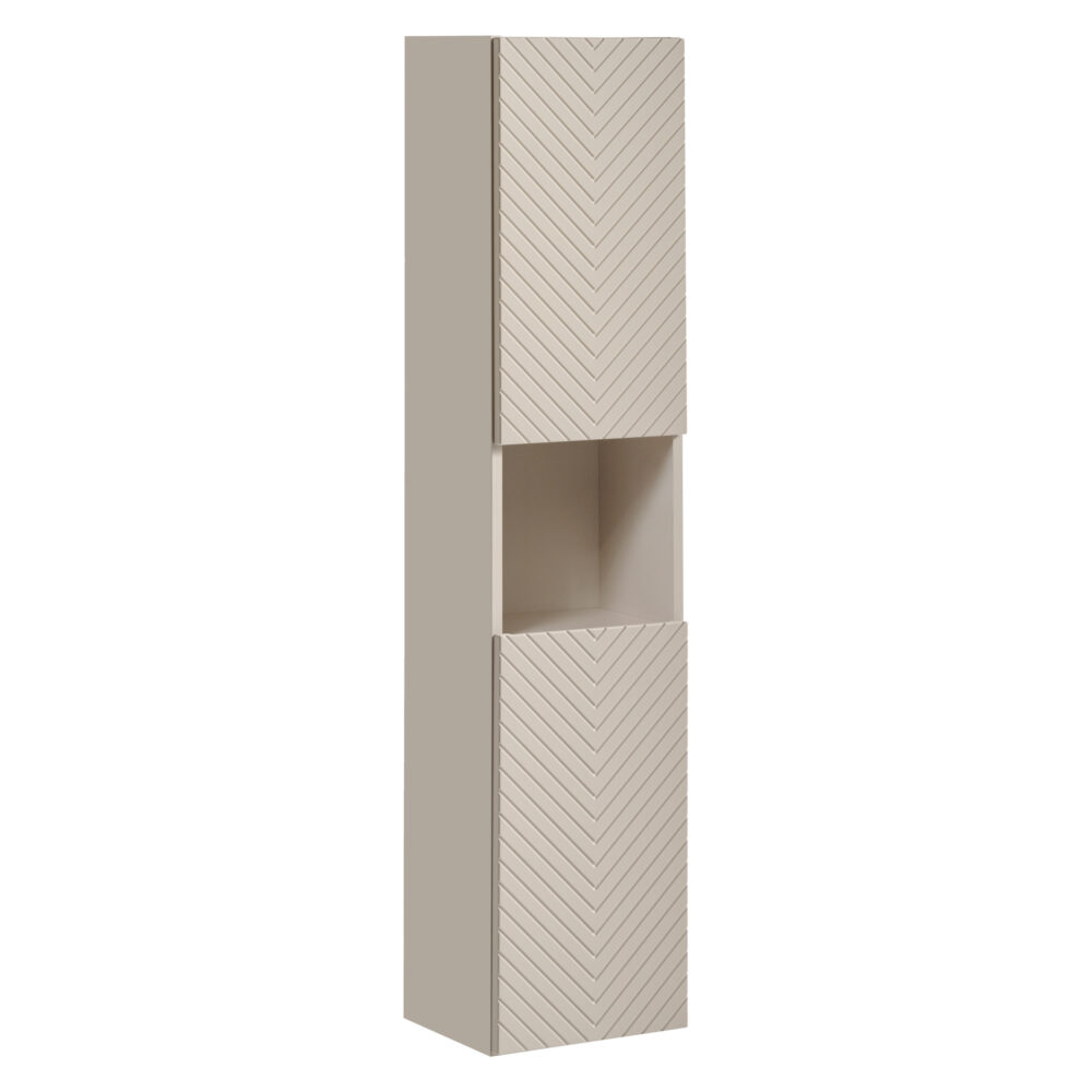 Hoher Badezimmer-Hängeschrank NALVIK – Kaschmir – 2 Türen – gefräste Fronten – 30 x 140 x 25 cm