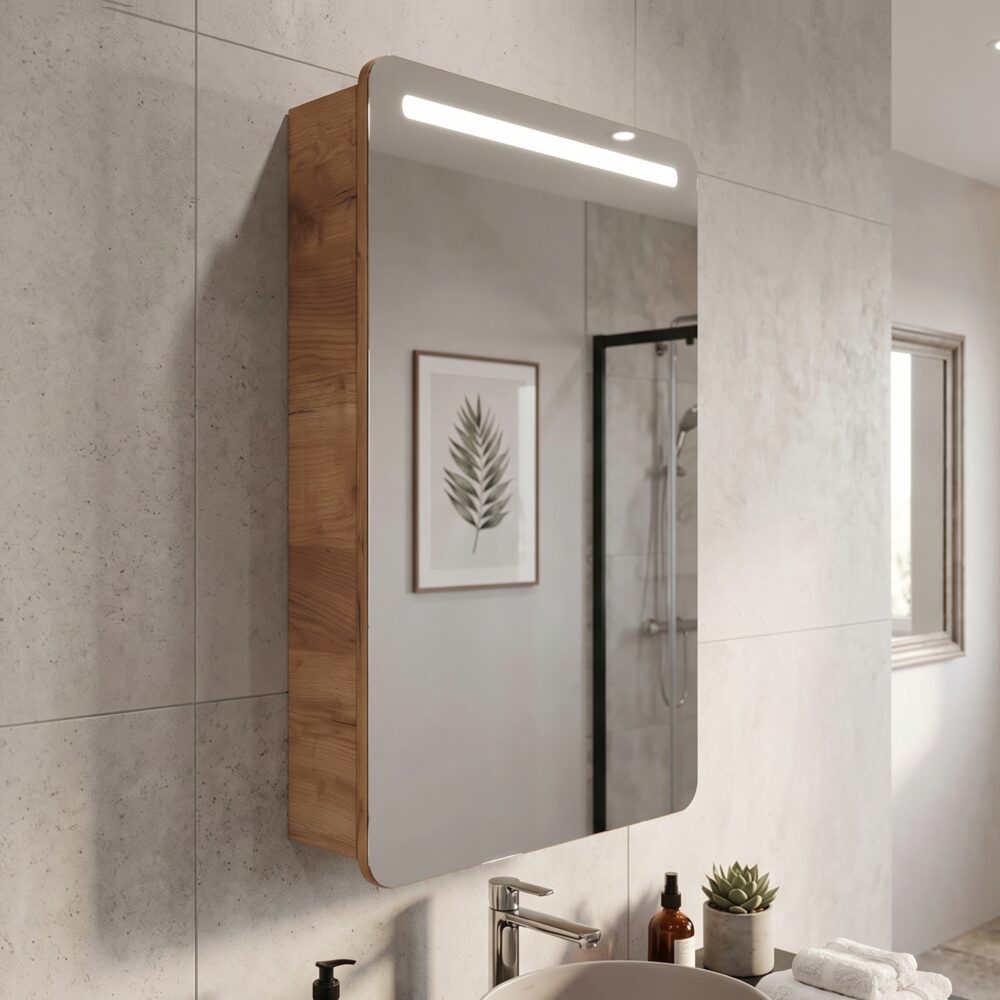 Badezimmer-Hängeschrank mit Spiegel ARVIDA – Eiche – 40 x 75 x 16 cm – Bild 2