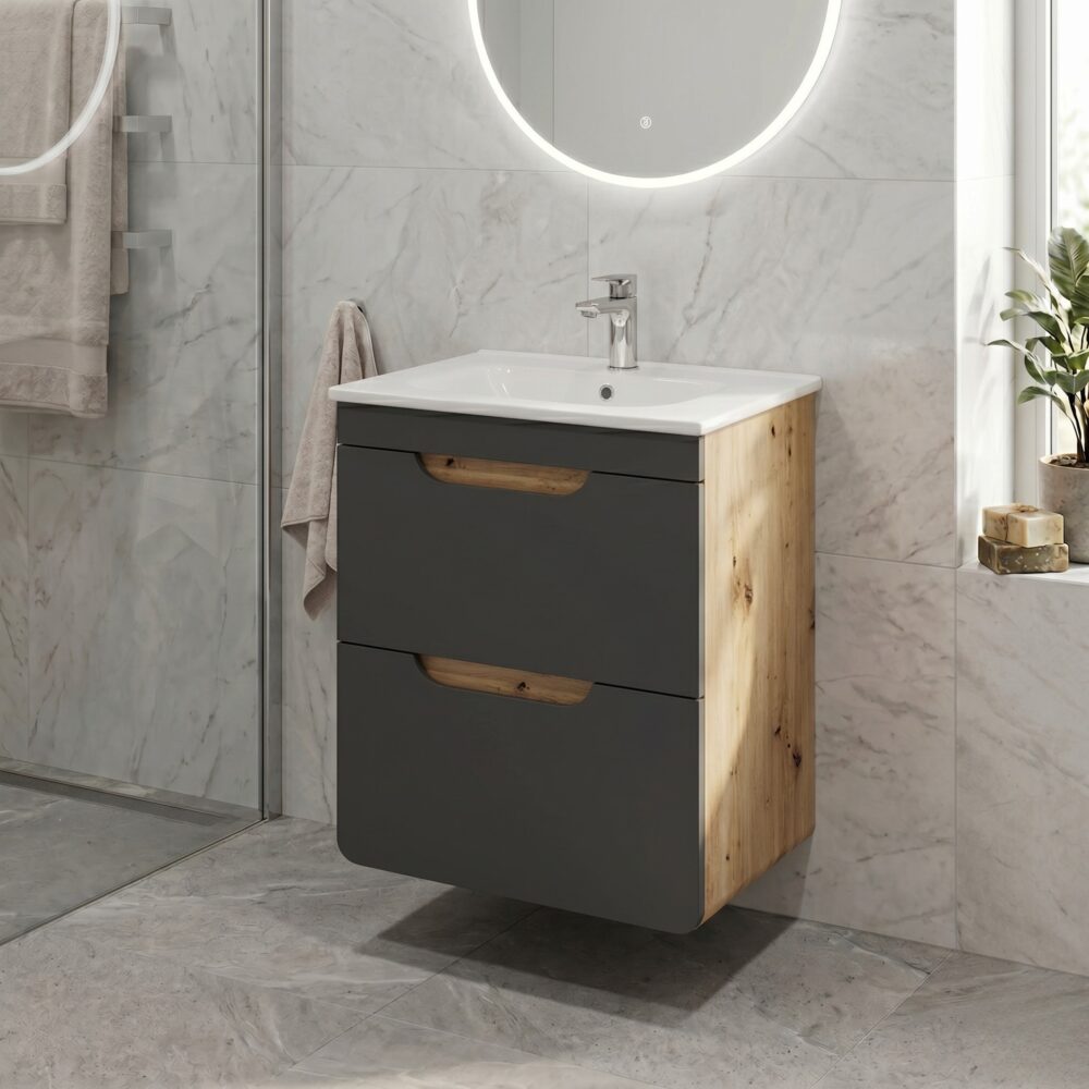 Hängeschrank unter dem Waschbecken ARVIDA – Eiche – graue Front – 2 Schubladen – 40 x 59 x 41 cm – Bild 2