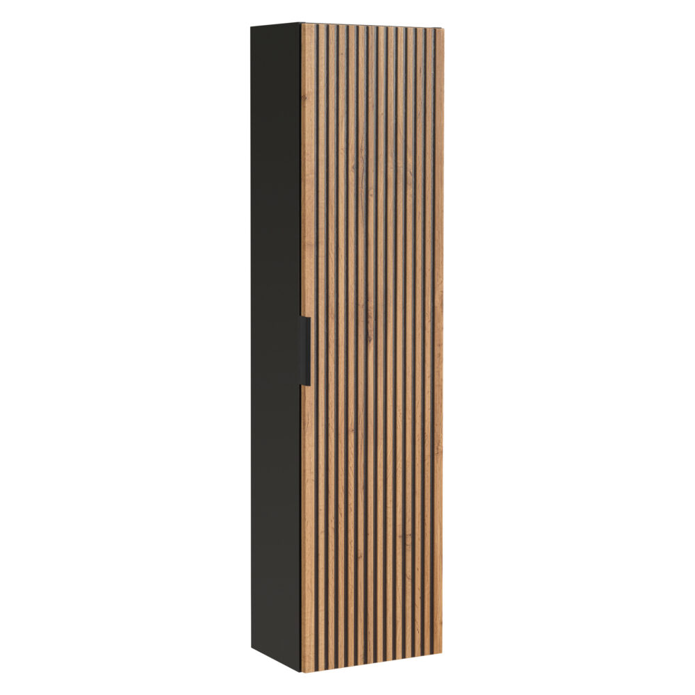 Hoher Badezimmer-Hängeschrank TILO – schwarzer Korpus – gefräste Fronten in Wotan-Eiche – 35 x 140 x 25 cm – Bild 1