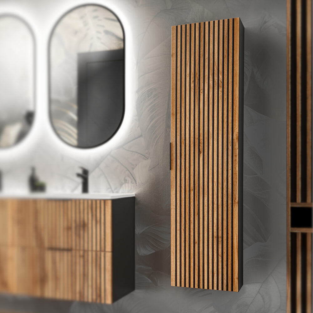 Hoher Badezimmer-Hängeschrank TILO – schwarzer Korpus – gefräste Fronten in Wotan-Eiche – 35 x 140 x 25 cm – Bild 2