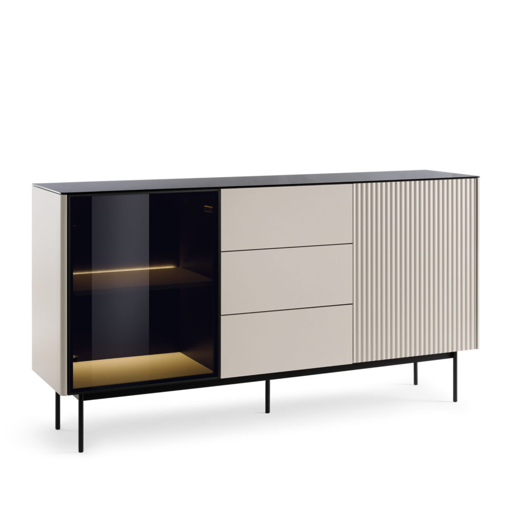 Kommode Olden – Kaschmir – mit Glastüren und 3 Schubladen – 157 x 84 x 39 cm