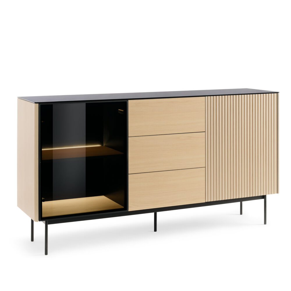 Kommode Olden – Vicenza-Eiche – mit Glastüren und 3 Schubladen – 157 x 84 x 39 cm – Bild 1