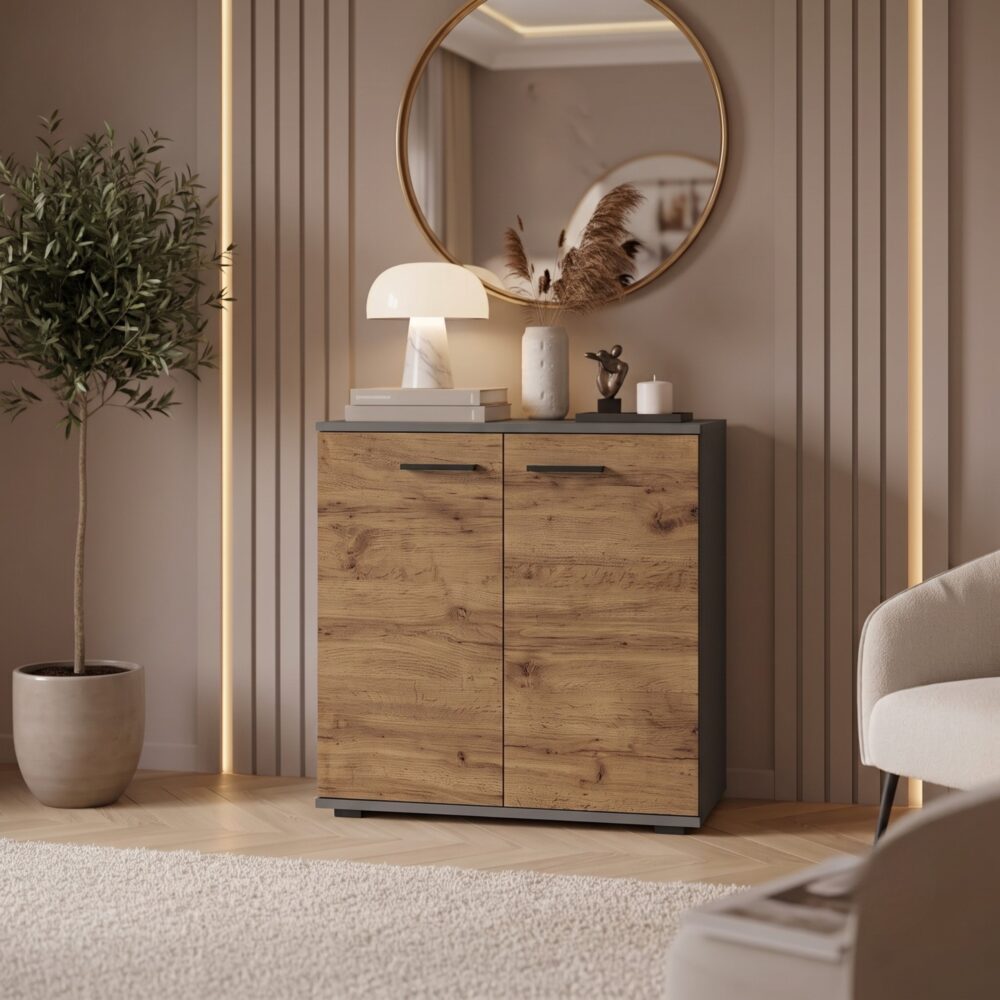 Commode FAUSKE - Geräumig - 2-türig - Eiche Wotan - Grau - Breite 69 cm, Höhe 74 cm, Tiefe 34 cm