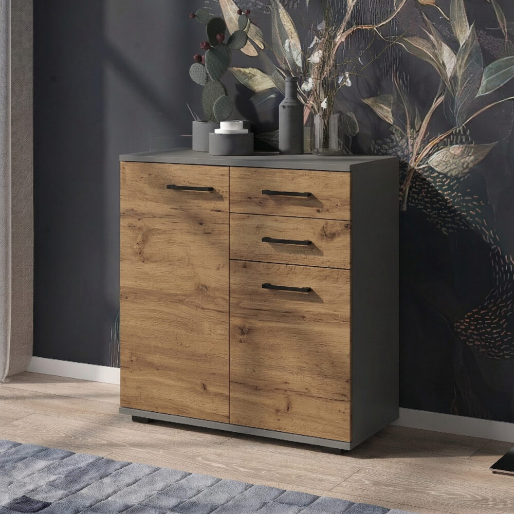 Commode FAUSKE - 2 Schubladen - 2 Türen - Eiche Wotan - Grau - Breite 69 cm, Höhe 74 cm, Tiefe 34 cm