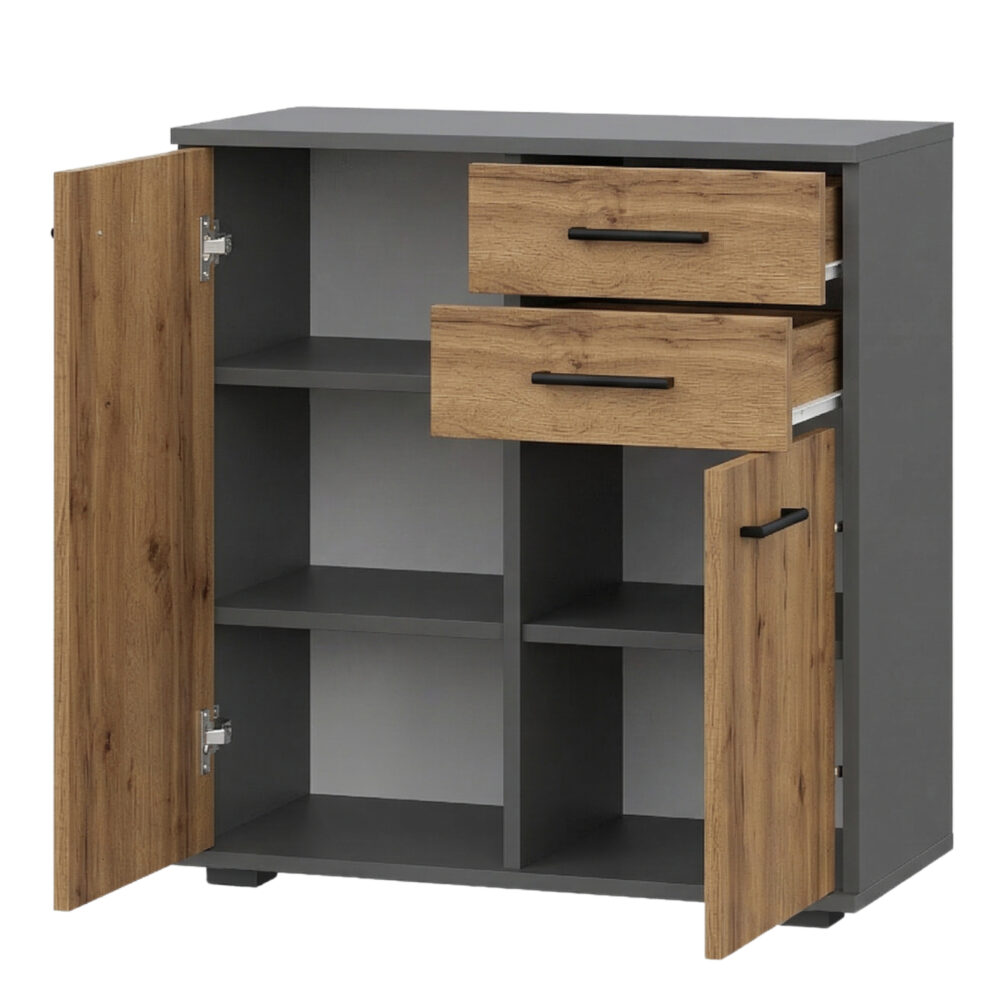 Commode FAUSKE - 2 Schubladen - 2 Türen - Eiche Wotan - Grau - Breite 69 cm, Höhe 74 cm, Tiefe 34 cm – Bild 3