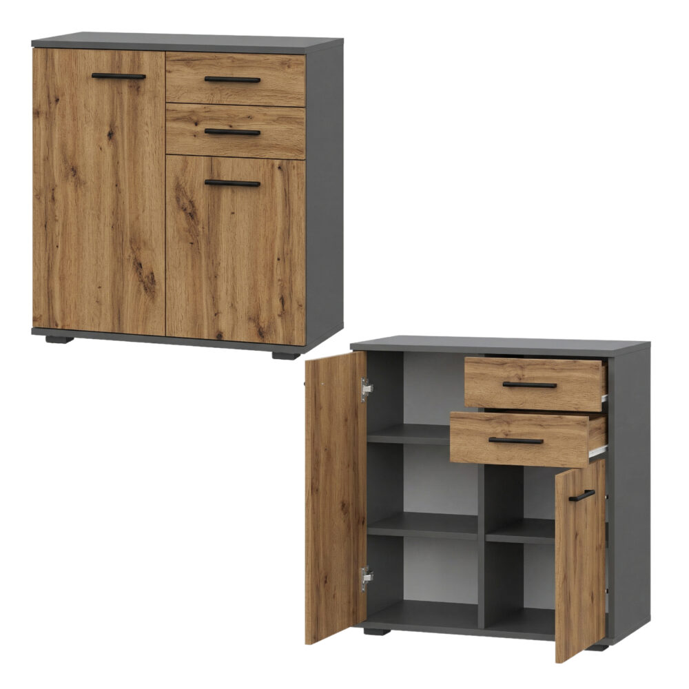 Commode FAUSKE - 2 Schubladen - 2 Türen - Eiche Wotan - Grau - Breite 69 cm, Höhe 74 cm, Tiefe 34 cm – Bild 4