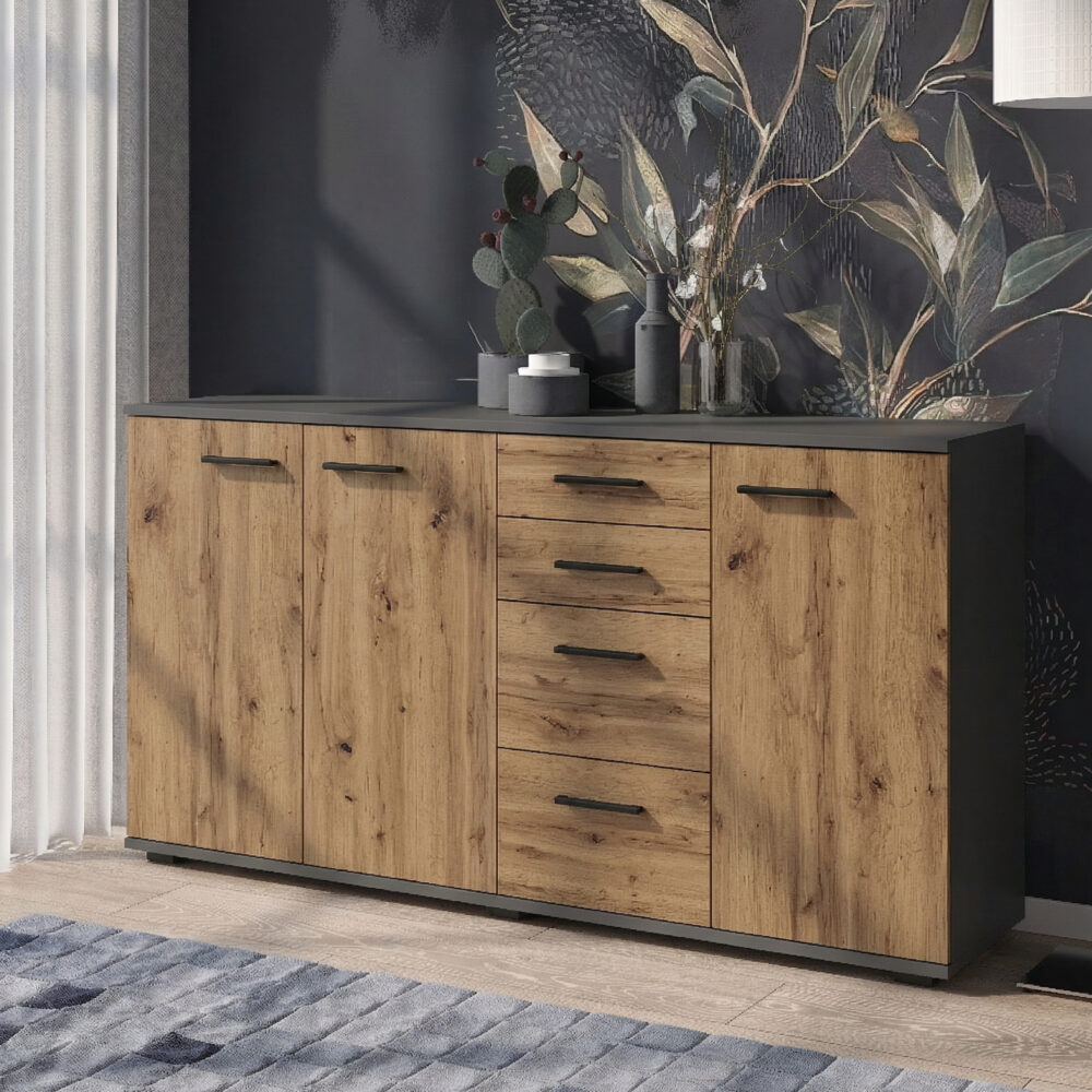 Commode FAUSKE - 4 Schubladen - 3 Türen - Eiche Wotan - Grau - Breite 138 cm, Höhe 74 cm, Tiefe 34 cm