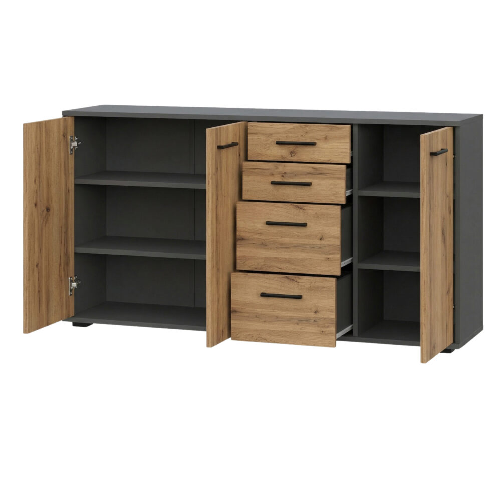 Commode FAUSKE - 4 Schubladen - 3 Türen - Eiche Wotan - Grau - Breite 138 cm, Höhe 74 cm, Tiefe 34 cm – Bild 3