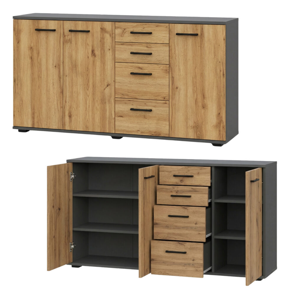 Commode FAUSKE - 4 Schubladen - 3 Türen - Eiche Wotan - Grau - Breite 138 cm, Höhe 74 cm, Tiefe 34 cm – Bild 4