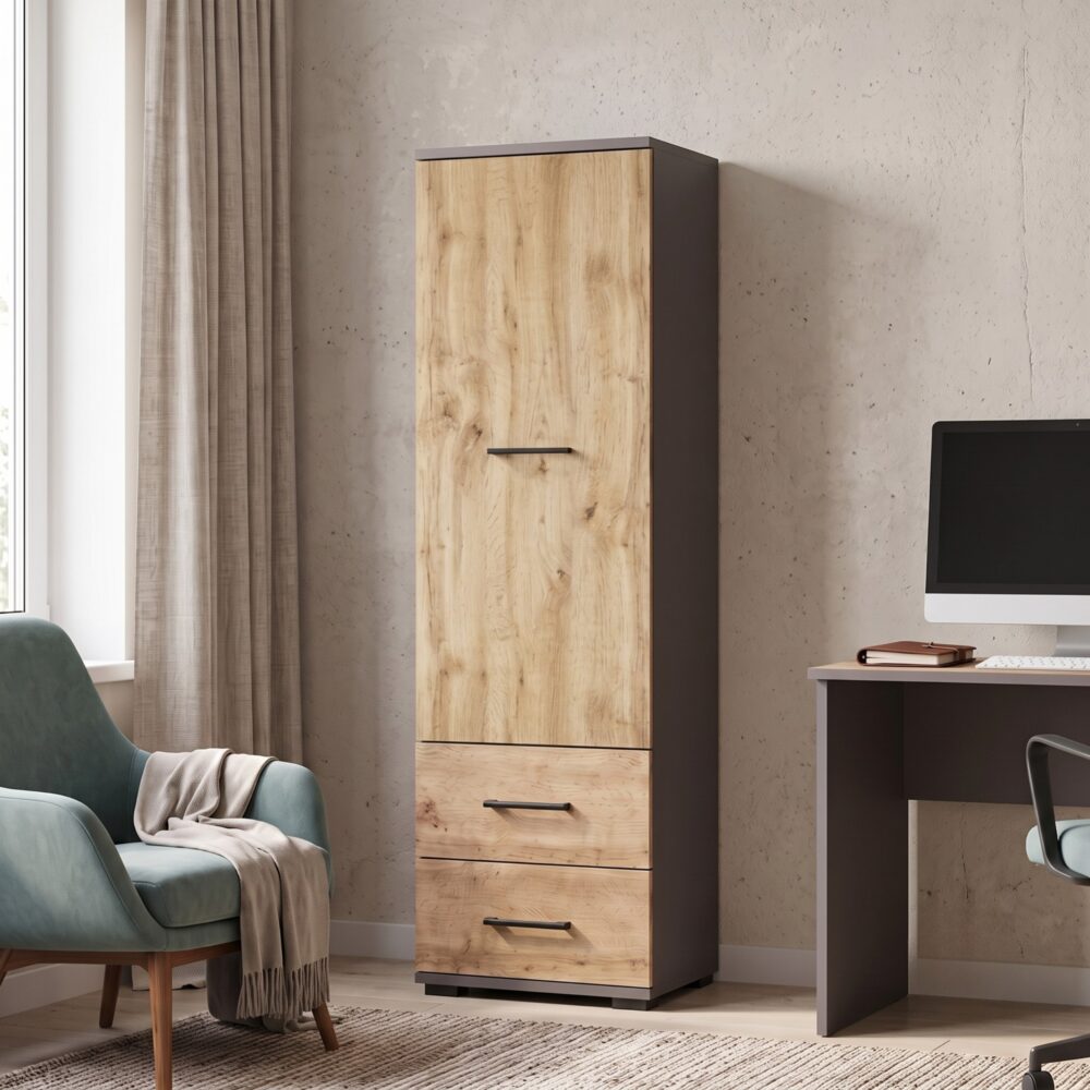 Schrank FAUSKE - 2 Schubladen - Eiche - Grau - Breite 40 cm, Höhe 130 cm, Tiefe 36 cm