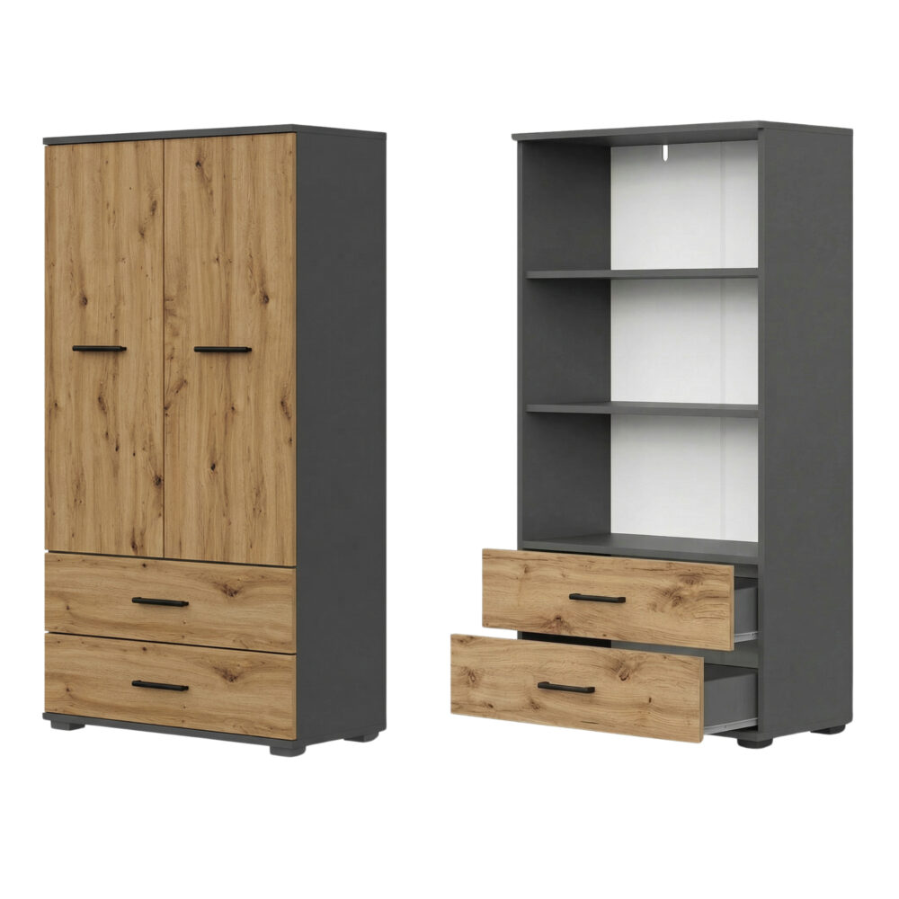 Schrank FAUSKE - 2 Schubladen - Eiche - Grau - Breite 69 cm, Höhe 130 cm, Tiefe 36 cm – Bild 2