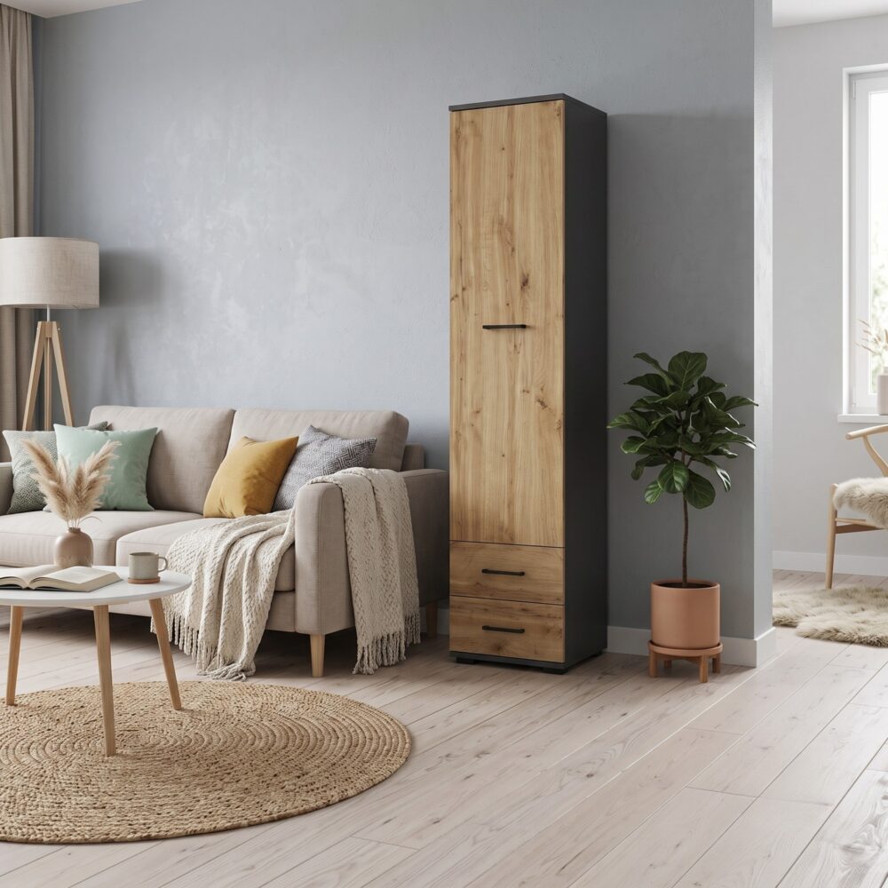 Schrank FAUSKE - 2 Schubladen - Eiche - Grau - Breite 40 cm, Höhe 180 cm, Tiefe 36 cm