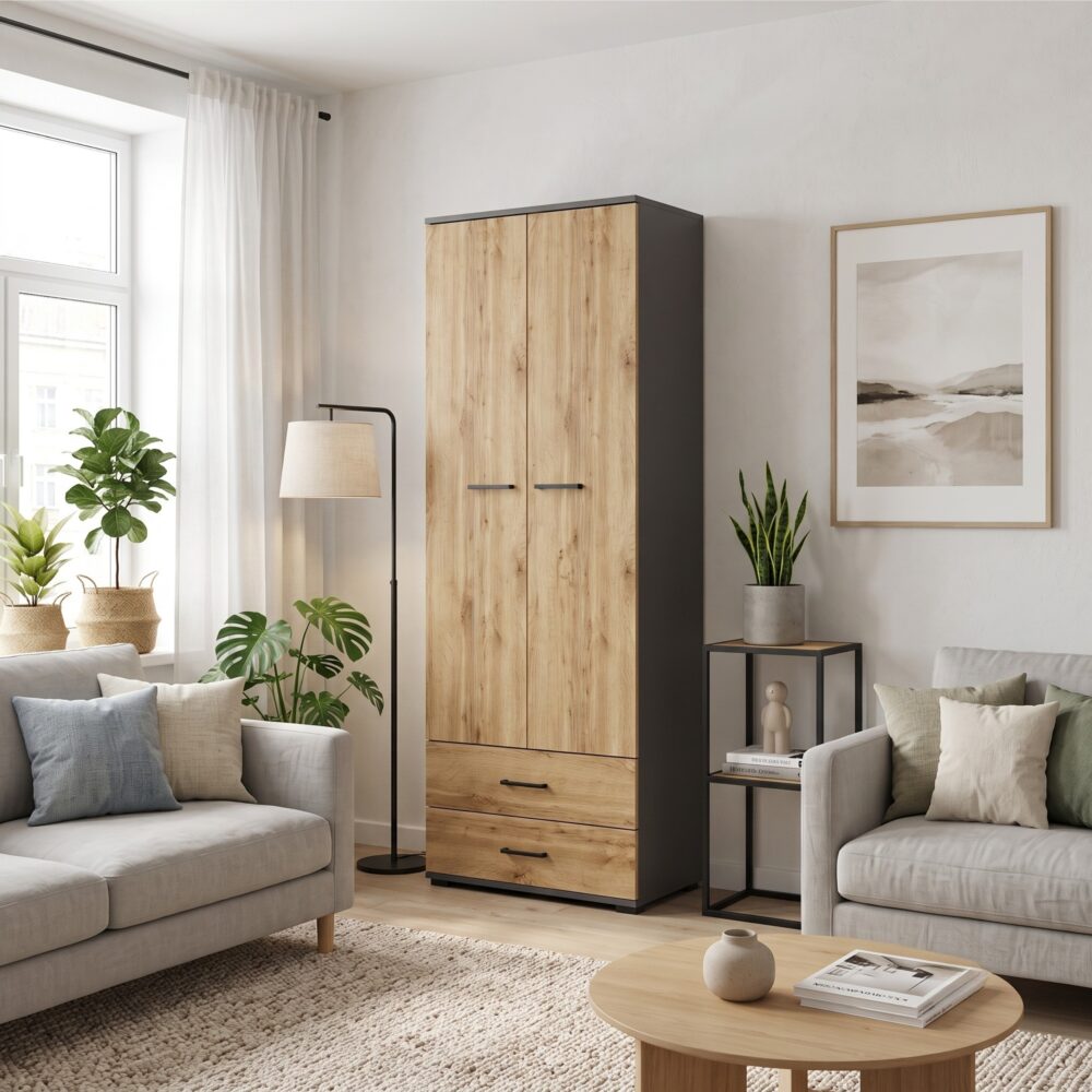 Schrank FAUSKE - 2 Schubladen - Eiche - Grau - Breite 69 cm, Höhe 180 cm, Tiefe 36 cm – Bild 1
