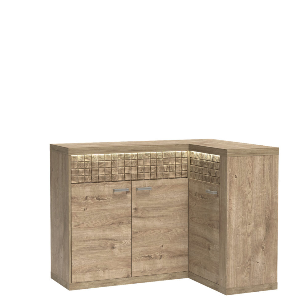 Eckkommode BALESTRAND – Eiche – Schubladen – Dekorative Front – Beleuchtete Deckplatte – 132 × 99 × 41 cm