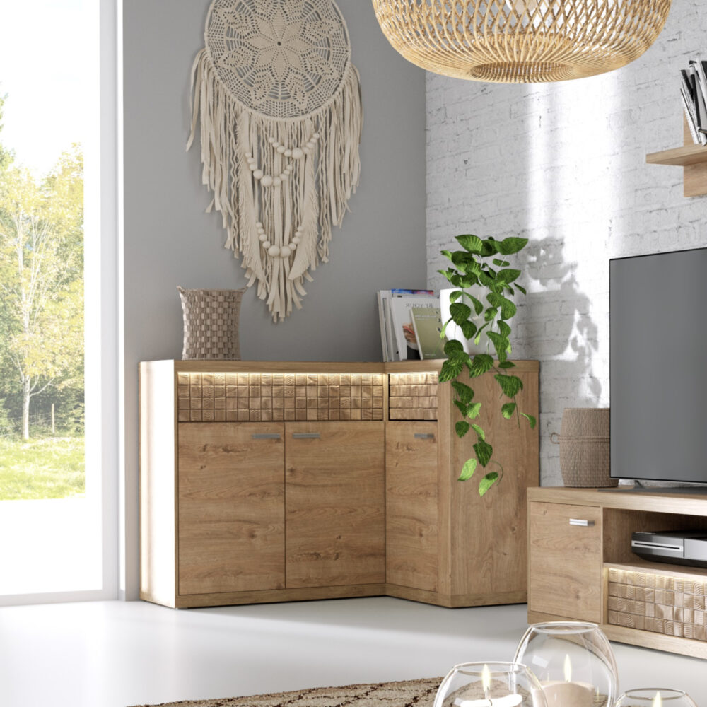 Eckkommode BALESTRAND – Eiche – Schubladen – Dekorative Front – Beleuchtete Deckplatte – 132 × 99 × 41 cm – Bild 2