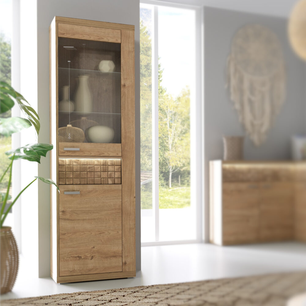 Vitrine BALESTRAND - Eiche - Schublade - Beleuchtung - 57 x 201 x 41 cm – Bild 2