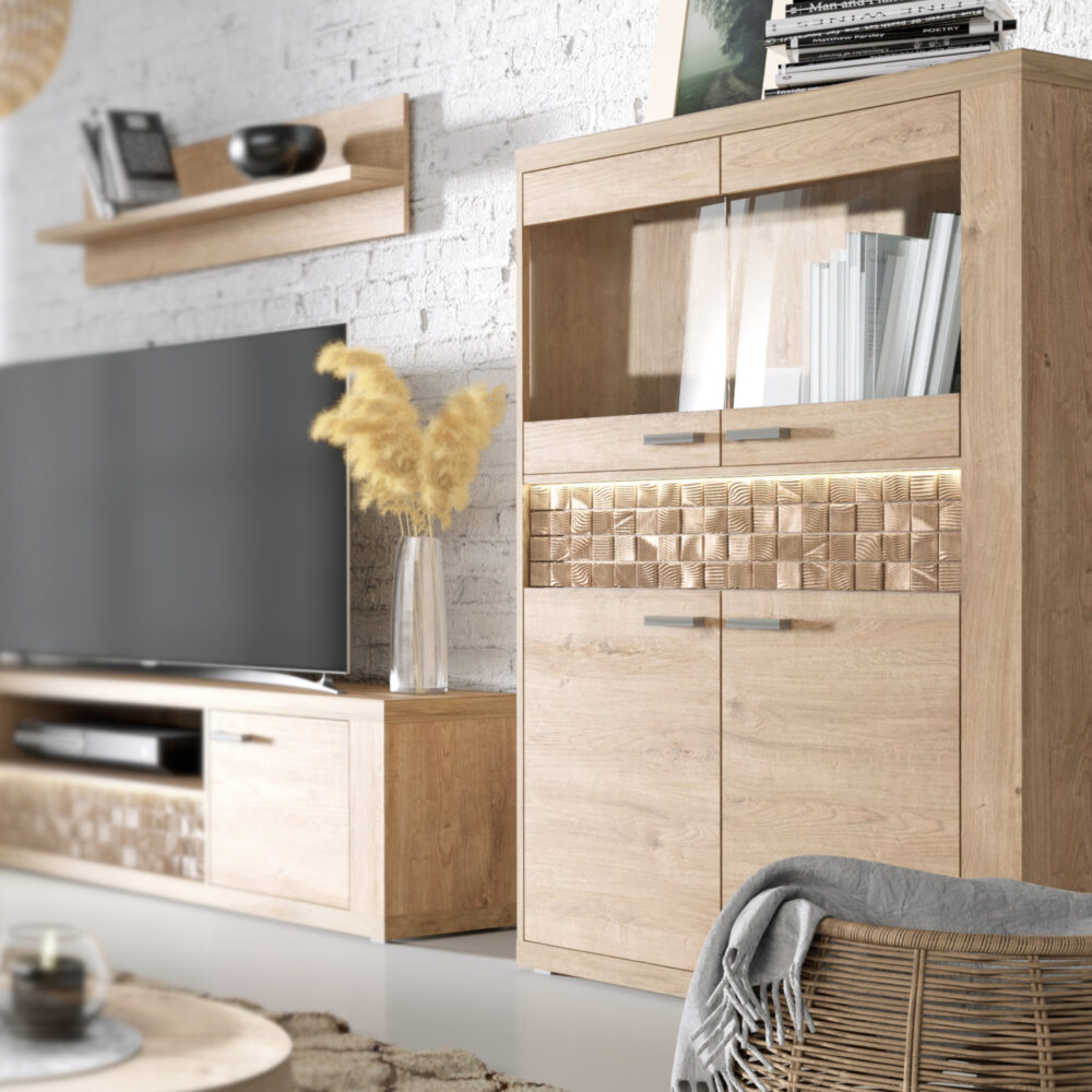 Vitrine BALESTRAND - Eiche - Schublade - Beleuchtung - 102 x 160 x 41 cm – Bild 2