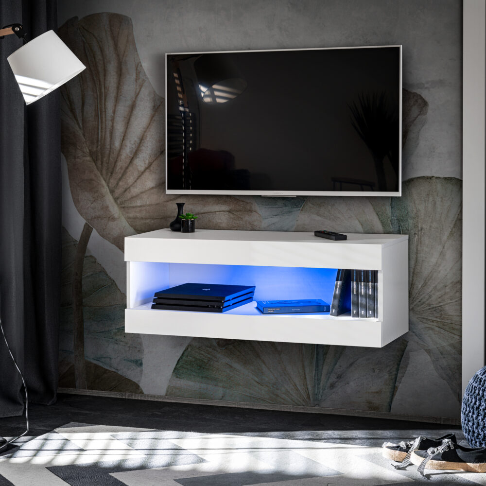 TV-Schrank, Tivoli RTV2, Weiß/Weiß, Breite 100cm x Höhe 36cm x Tiefe 35cm, LED Blau, für das Wohnzimmer, Schlafzimmer