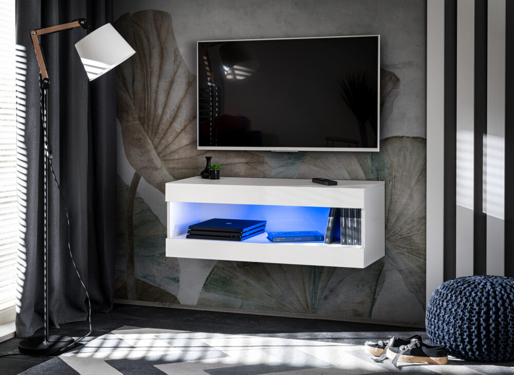 TV-Schrank, Tivoli RTV2, Weiß/Weiß, Breite 100cm x Höhe 36cm x Tiefe 35cm, LED Blau, für das Wohnzimmer, Schlafzimmer – Bild 1