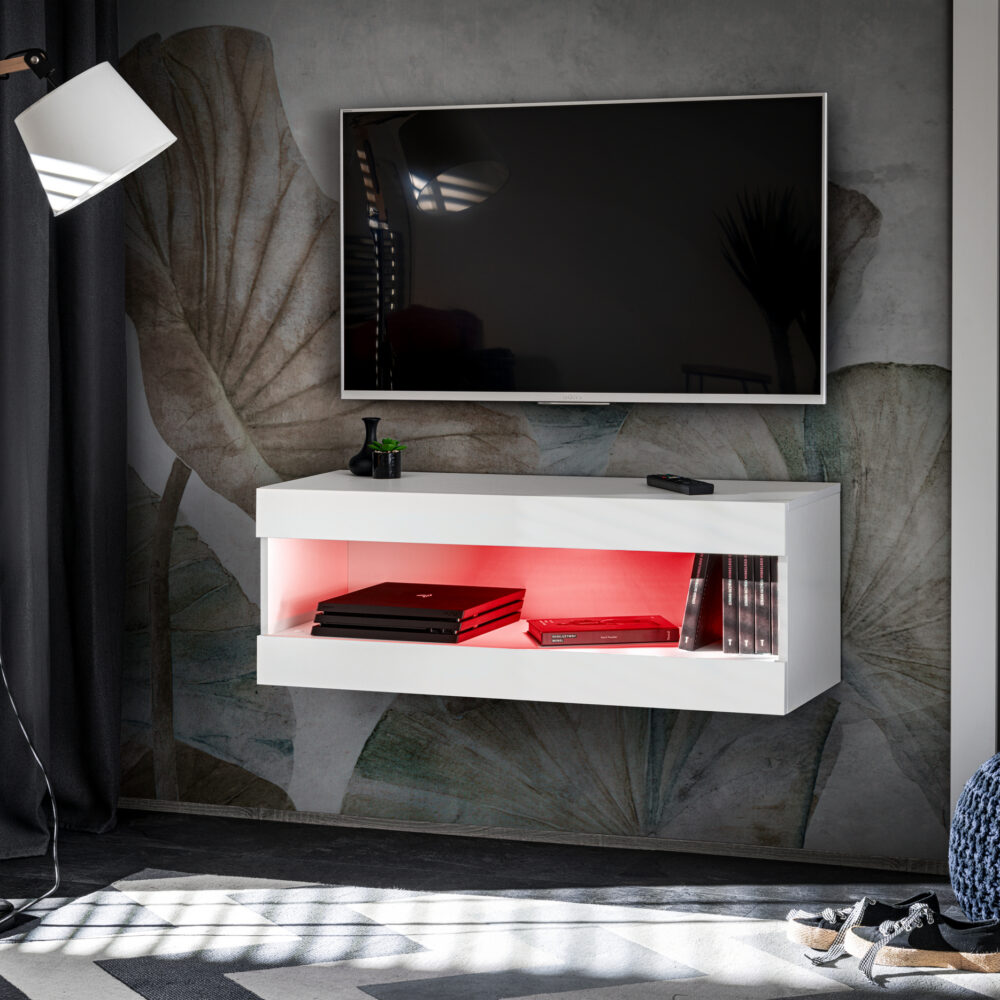 TV-Schrank, Tivoli RTV2, Weiß/Weiß, Breite 100cm x Höhe 36cm x Tiefe 35cm, LED RGB, für das Wohnzimmer, Schlafzimmer