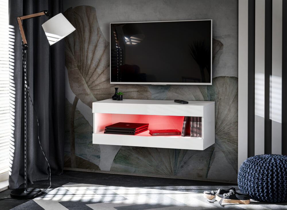 TV-Schrank, Tivoli RTV2, Weiß/Weiß, Breite 100cm x Höhe 36cm x Tiefe 35cm, LED RGB, für das Wohnzimmer, Schlafzimmer – Bild 1