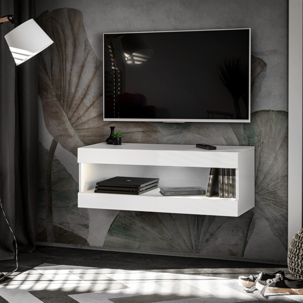 TV-Schrank, Tivoli RTV2, Weiß/Weiß, Breite 100 cm x Höhe 36 cm x Tiefe 35 cm, ohne LED, für Wohnzimmer, Schlafzimmer