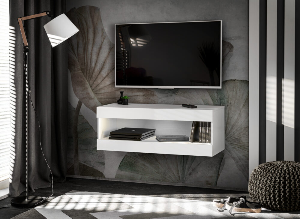 TV-Schrank, Tivoli RTV2, Weiß/Weiß, Breite 100 cm x Höhe 36 cm x Tiefe 35 cm, ohne LED, für Wohnzimmer, Schlafzimmer – Bild 1