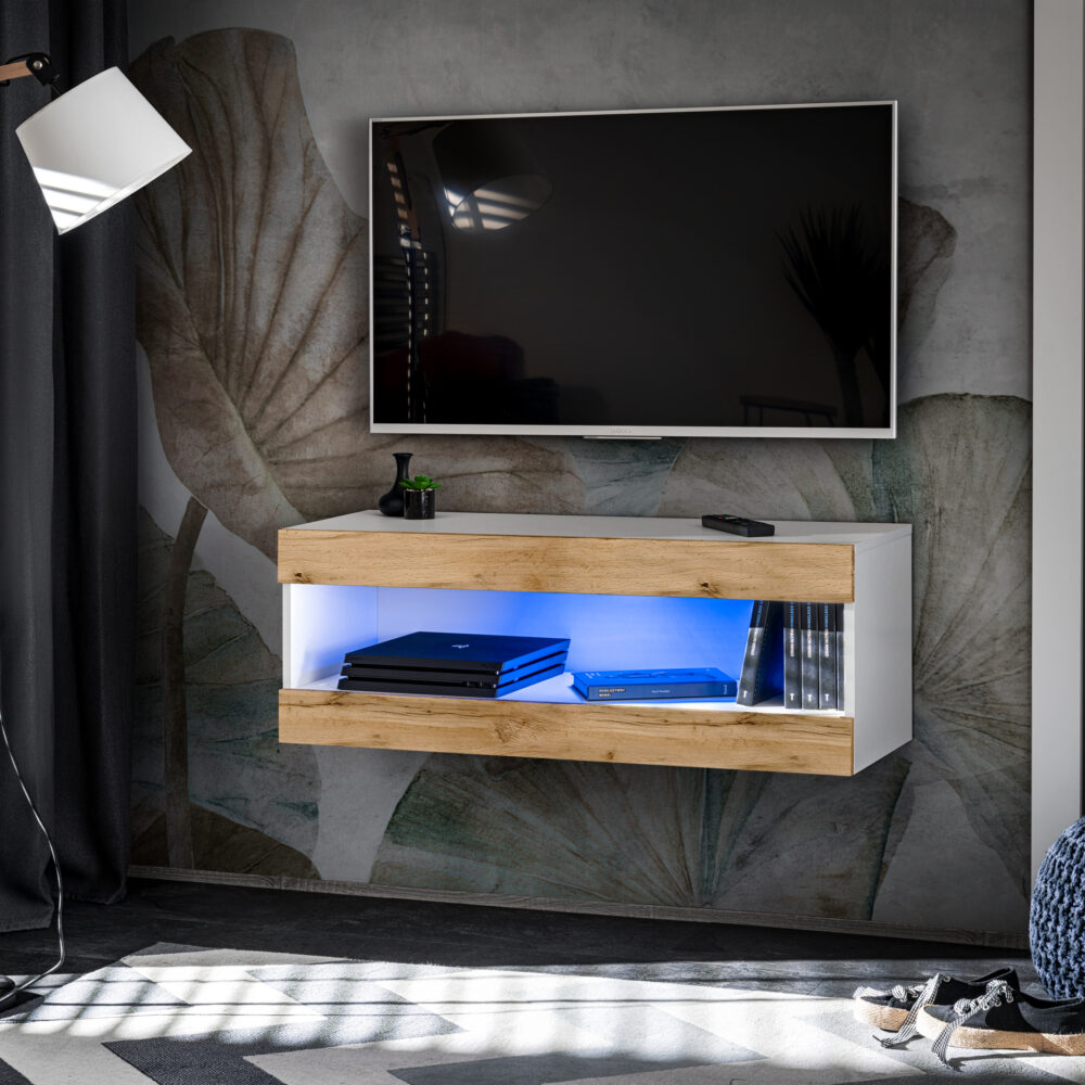 TV-Schrank, Tivoli RTV2, Weiß/Wotan, Breite 100cm x Höhe 36cm x Tiefe 35cm, LED Blau, für Wohnzimmer, Schlafzimmer