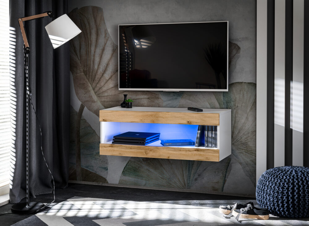 TV-Schrank, Tivoli RTV2, Weiß/Wotan, Breite 100cm x Höhe 36cm x Tiefe 35cm, LED Blau, für Wohnzimmer, Schlafzimmer – Bild 1