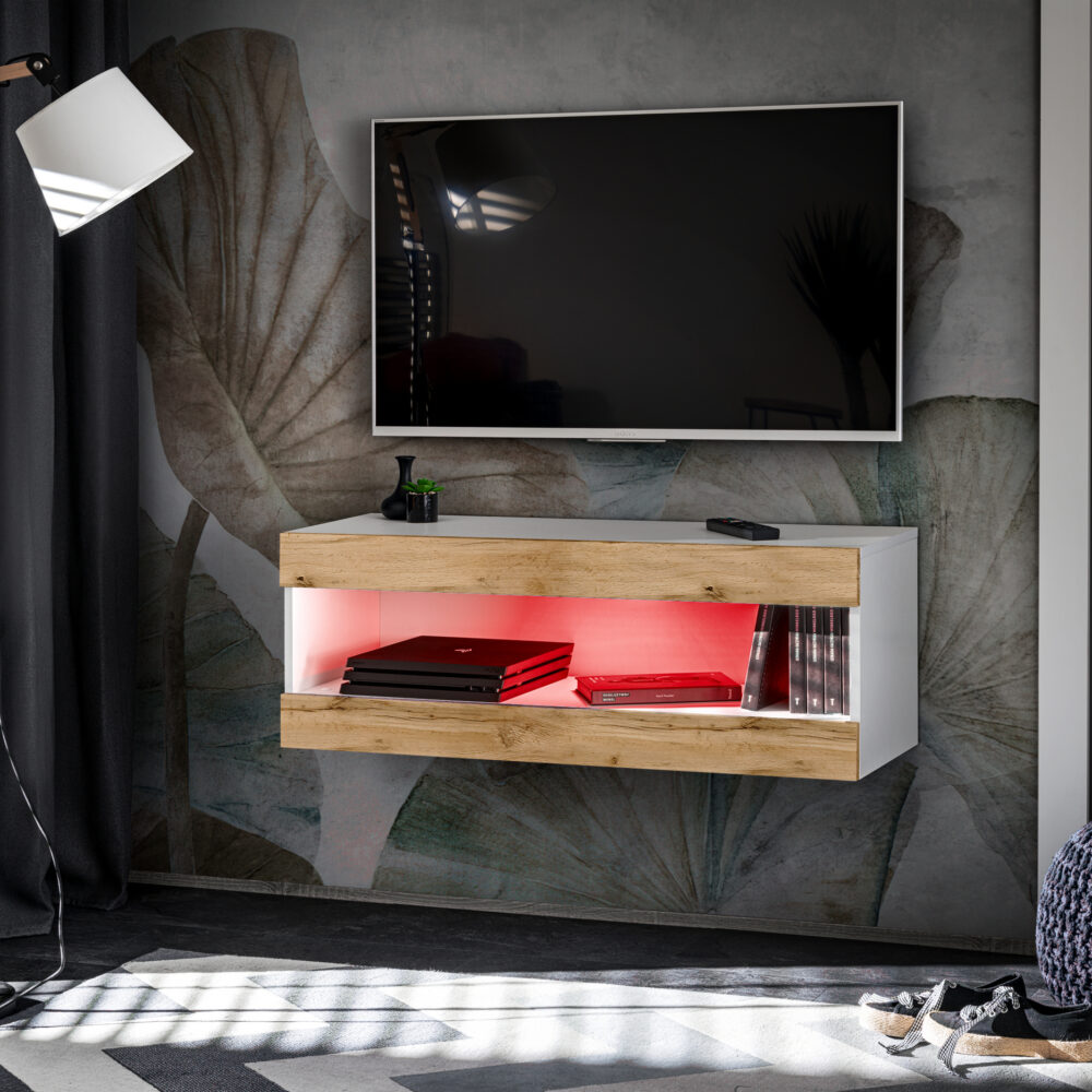 TV-Schrank, Tivoli RTV2, Weiß/Wotan, Breite 100cm x Höhe 36cm x Tiefe 35cm, LED RGB, für das Wohnzimmer, Schlafzimmer