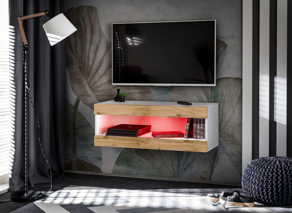 TV-Schrank, Tivoli RTV2, Weiß/Wotan, Breite 100cm x Höhe 36cm x Tiefe 35cm, LED RGB, für das Wohnzimmer, Schlafzimmer – Bild 1
