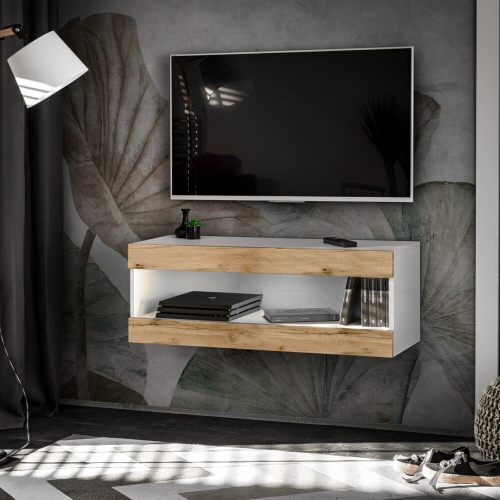 TV-Schrank, Tivoli RTV2, Weiß/Wotan, Breite 100cm x Höhe 36cm x Tiefe 35cm, ohne LED, für das Wohnzimmer, Schlafzimmer