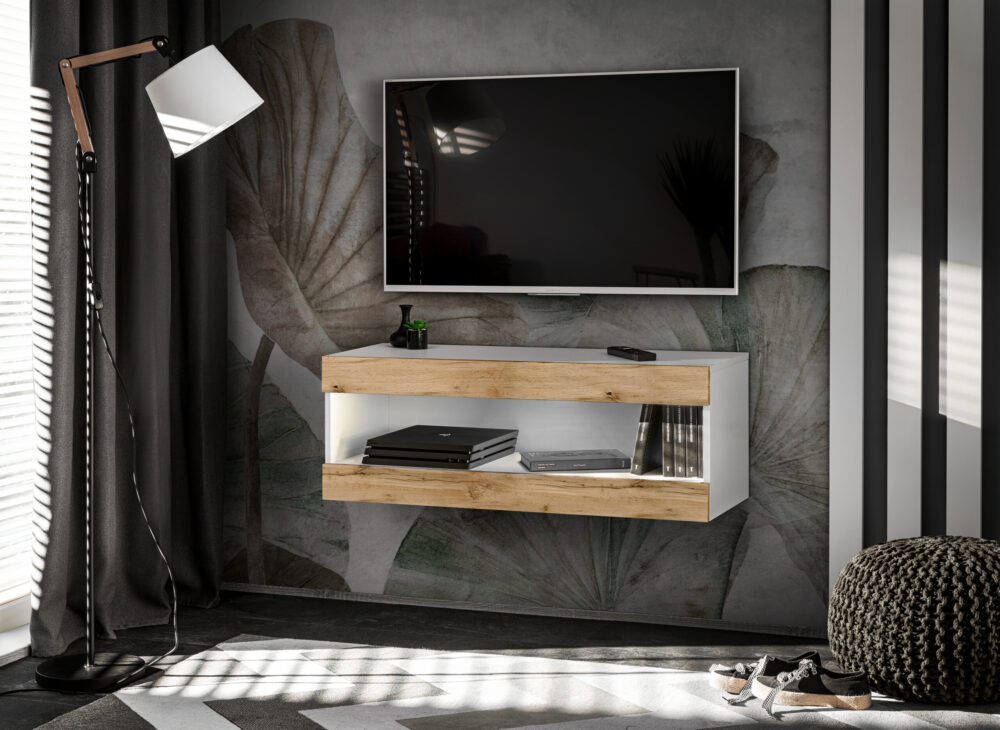 TV-Schrank, Tivoli RTV2, Weiß/Wotan, Breite 100cm x Höhe 36cm x Tiefe 35cm, ohne LED, für das Wohnzimmer, Schlafzimmer – Bild 1