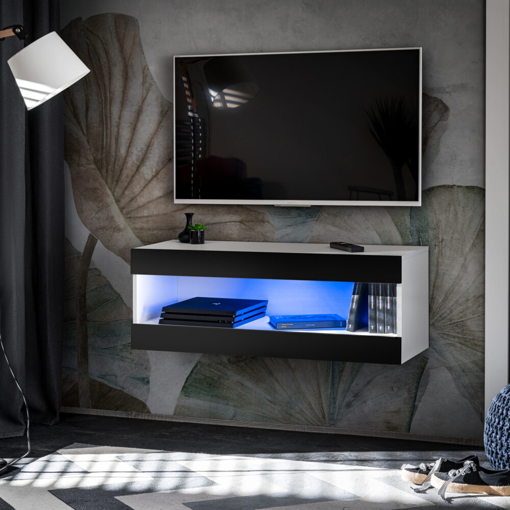 TV-Schrank, Tivoli RTV2, Weiß/Schwarz, Breite 100cm x Höhe 36cm x Tiefe 35cm, LED Blau, für Wohnzimmer, Schlafzimmer