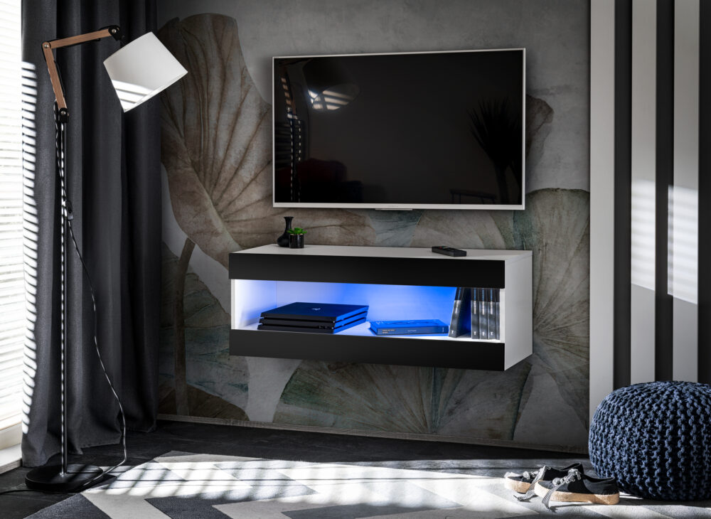 TV-Schrank, Tivoli RTV2, Weiß/Schwarz, Breite 100cm x Höhe 36cm x Tiefe 35cm, LED Blau, für Wohnzimmer, Schlafzimmer – Bild 1