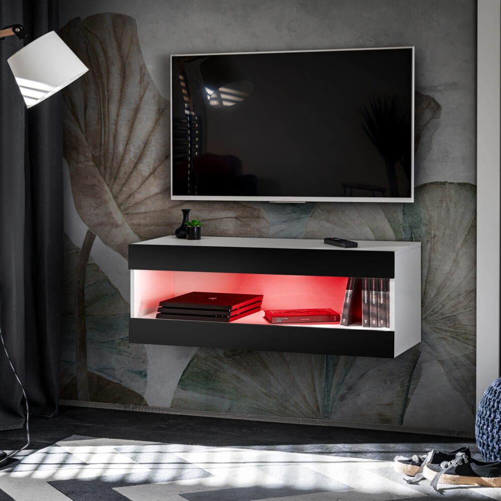 TV-Schrank, Tivoli RTV2, Weiß/Schwarz, Breite 100cm x Höhe 36cm x Tiefe 35cm, LED RGB, für das Wohnzimmer, Schlafzimmer