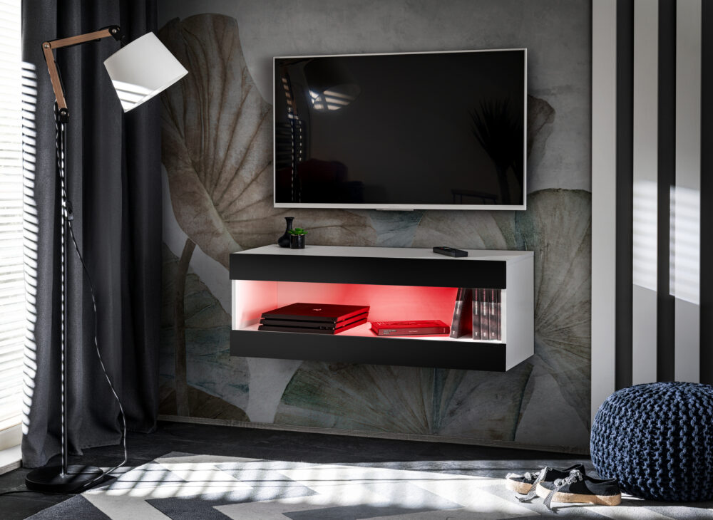 TV-Schrank, Tivoli RTV2, Weiß/Schwarz, Breite 100cm x Höhe 36cm x Tiefe 35cm, LED RGB, für das Wohnzimmer, Schlafzimmer – Bild 1