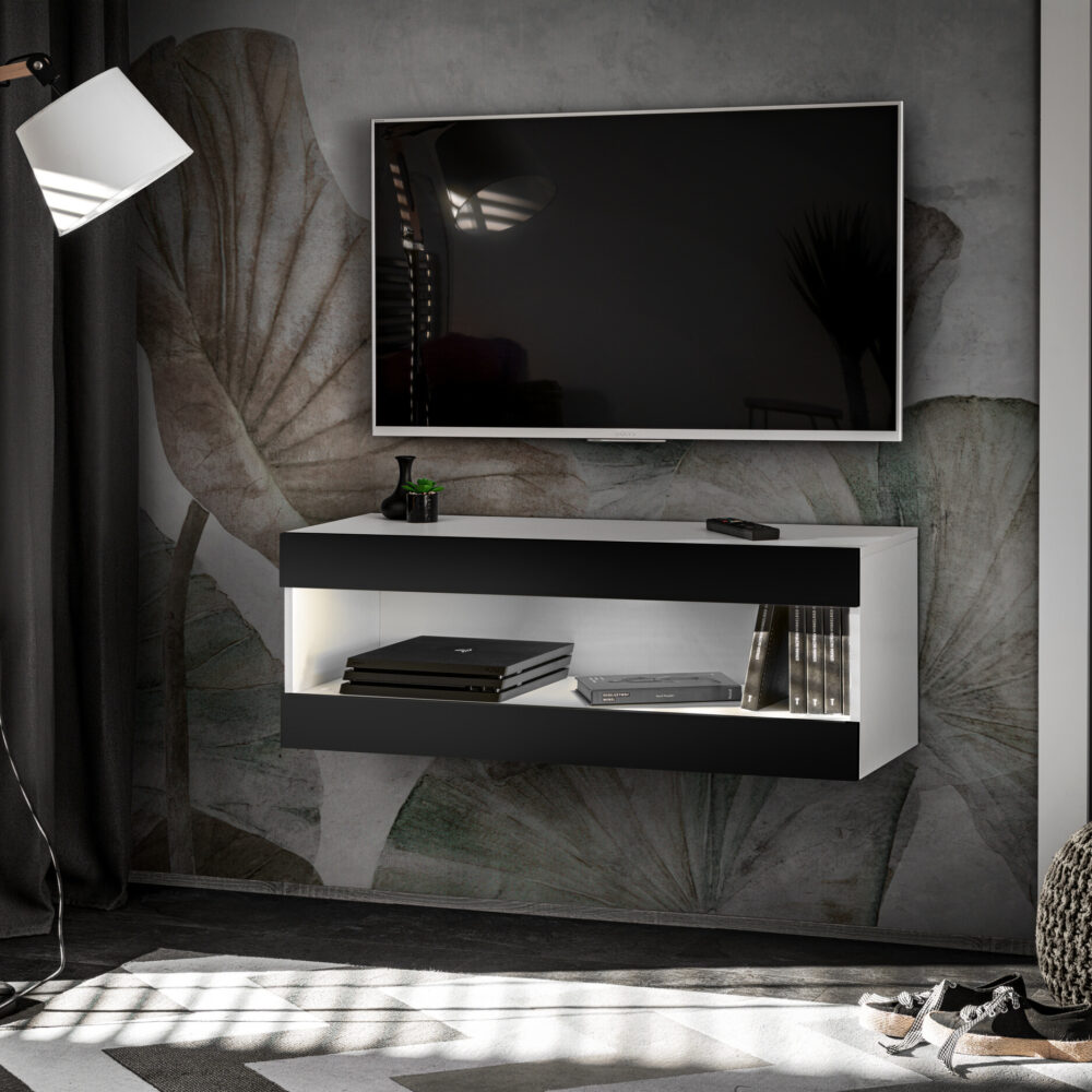TV-Schrank, Tivoli RTV2, Weiß/Schwarz, Breite 100 cm x Höhe 36 cm x Tiefe 35 cm, ohne LED, für das Wohnzimmer, Schlafzimmer