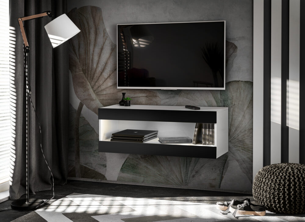 TV-Schrank, Tivoli RTV2, Weiß/Schwarz, Breite 100 cm x Höhe 36 cm x Tiefe 35 cm, ohne LED, für das Wohnzimmer, Schlafzimmer – Bild 1