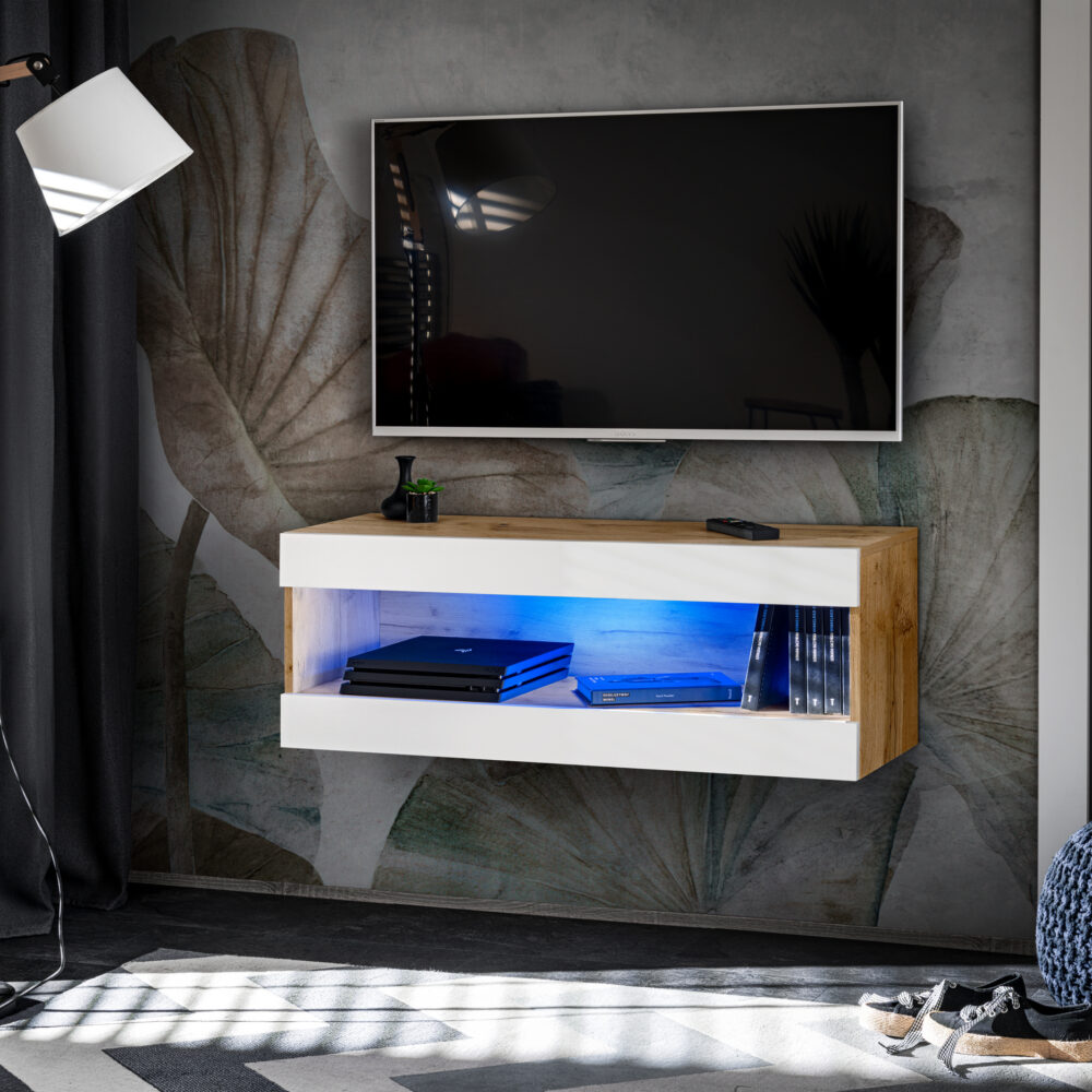TV-Schrank, Tivoli RTV2, Wotan/Weiß, Breite 100 cm x Höhe 36 cm x Tiefe 35 cm, LED Blau, für Wohnzimmer, Schlafzimmer