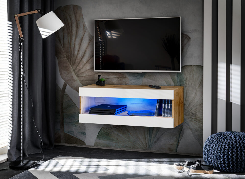 TV-Schrank, Tivoli RTV2, Wotan/Weiß, Breite 100 cm x Höhe 36 cm x Tiefe 35 cm, LED Blau, für Wohnzimmer, Schlafzimmer – Bild 1