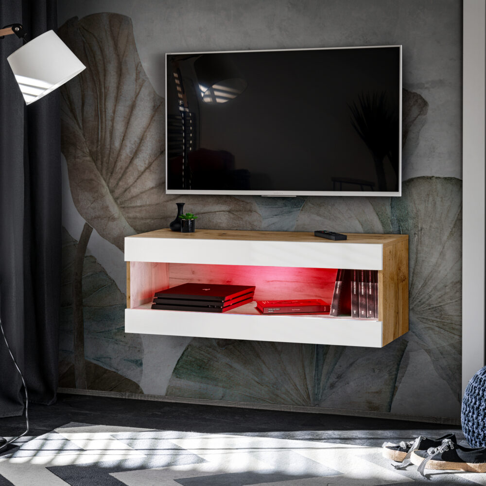 TV-Schrank, Tivoli RTV2, Wotan/Weiß, Breite 100 cm x Höhe 36 cm x Tiefe 35 cm, LED RGB, für das Wohnzimmer, Schlafzimmer