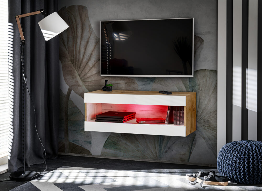 TV-Schrank, Tivoli RTV2, Wotan/Weiß, Breite 100 cm x Höhe 36 cm x Tiefe 35 cm, LED RGB, für das Wohnzimmer, Schlafzimmer – Bild 1
